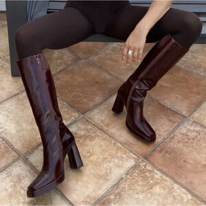 Jeffrey Campbell | Maximal Burgundy Leather Square Toe 90s Knee High Boot 7